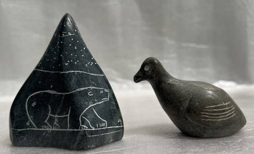 Pair of Stone Carving Vintage Inuit Sculpture "Seal & Rock" Soapstone Signed: This beautiful pair of vintage Inuit sculptures depicts a seal crafted from soapstone. The intricate details and expert craftsmanship showcase the skill of the Inuit artisans who created them. The