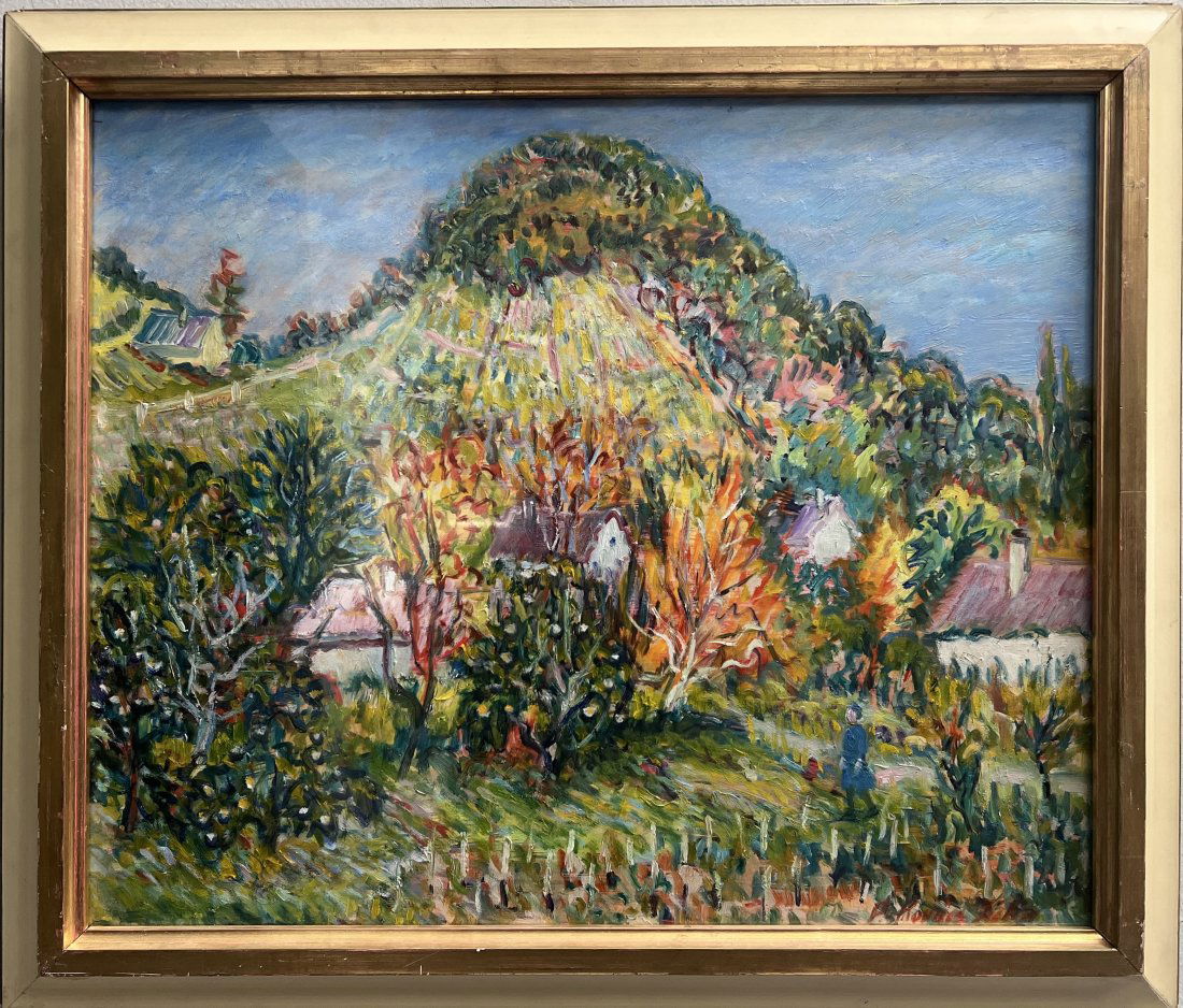 Júlia P. Kovács OIL ON BOARD: This beautiful painting by Júlia P. Kovács features a charming house in the countryside, surrounded by agriculture. The medium is cardboard and it has been framed. The artist has signed the painting