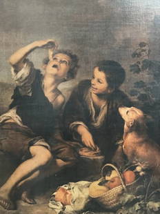 BARTOLOME ESTEBAN MURILLO "CHILDREN EATING PIE" GICEE ON BOARD: This stunning print by Bartolome Esteban Murillo depicts a charming scene of children eating pie, captured in his signature Art Deco style. Measuring 25 inches in height and 21 inches in width, this