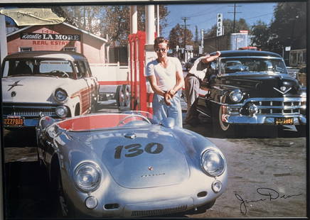 JAMES DEAN PORCHE PLATE SIGNED GAS STATION POSTER AFTER: This iconic print features Hollywood legend James Dean with his beloved Porsche, signed by the man himself After. The print is a licensed reprint on paper and is framed, making it a perfect addition