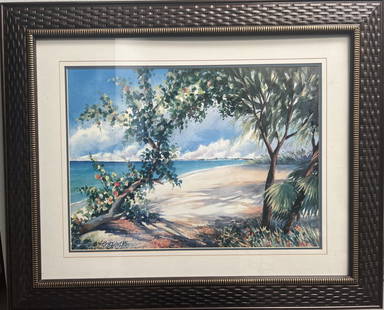 LOIS BREZINSKI " CAYMAN ISLAND" GRAPETREES ON SEVEN MILE BEACH LARGE FRAMED: This beautiful print by Lois Brezinski captures the stunning scenery of Cayman Island's grape trees on Seven Mile Beach. The contemporary artwork depicts the serene beauty of the beach, making it a