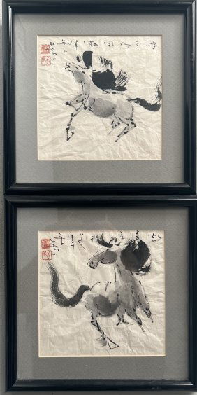 VINTAGE PAIR OF JAPANESE INK AND WASH PAINT ,SUMI-E PAINTING MID JAPANESE SHOWA PERIOD 1926-1898
