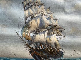 CLIPPER SHIP AT SEA ON A RUFF OVER CAST DAY OIL/ PRINT ON CANVAS SIGNED P. FULTON