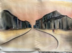 AN OLD STREET IN HOIAN VIETNAM HAND PAINTED ON SILK SIGNED LOWER RIGHT BY THE ARTIST