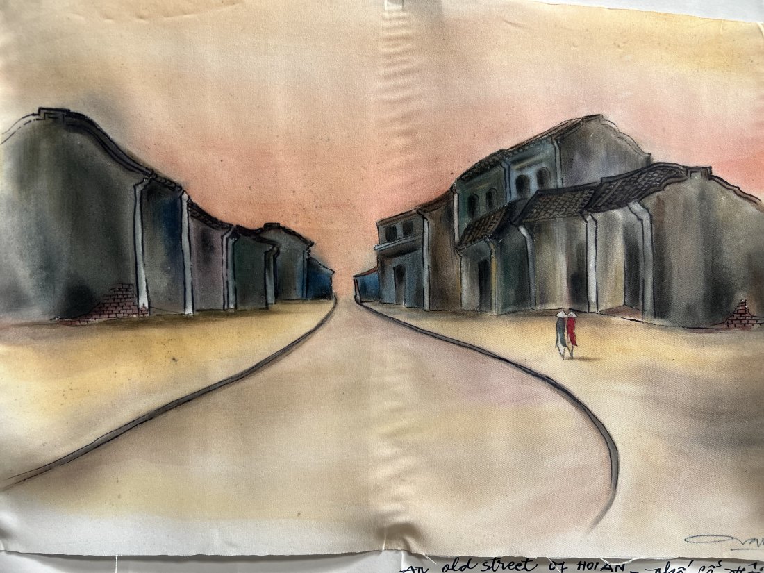 AN OLD STREET IN HOIAN VIETNAM HAND PAINTED ON SILK SIGNED LOWER RIGHT BY THE ARTIST (1 of 4)