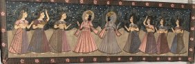 1970s LARGE INDIAN PAINT ON FABRIC ART 69" LONG 22" WIDE
