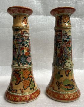 PAIR OF SATSUMA STYLE CANDLESTICKS HAND DECORATED RAISED RELIEF