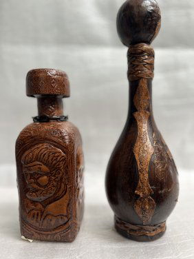 SET OF ITALIAN LEATHER COVERED WINE BOTTLE / BAR DECANTER BROWN