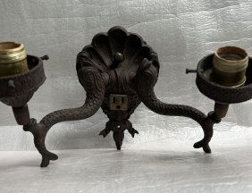 ANTIQUE WALL SCONCE WITH FISH , BRASS, BRONZE/ CAST IRON FISH ARM