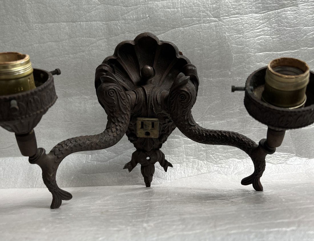 ANTIQUE WALL SCONCE WITH FISH , BRASS, BRONZE/ CAST IRON FISH ARM (1 of 4)
