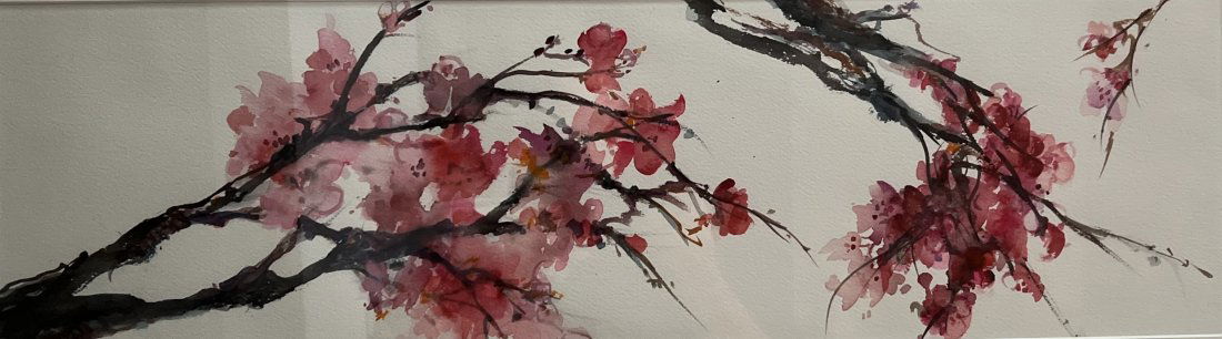 JAPANESE CHERRY BLOSSOM IN FULL BLOOM LARGE STUNNING  WATER COLOR ON PAPER (1 of 4)
