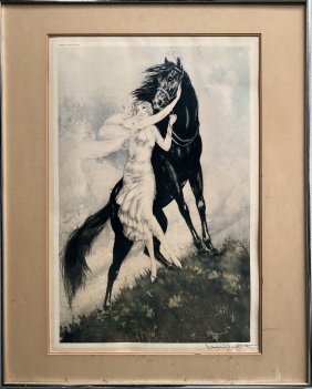 LOUIS ICART  RARE VINTAGE "GIRL IN A WHITE DRESS WITH HER HORSE" HAND SIGNED LOWER RIGHT