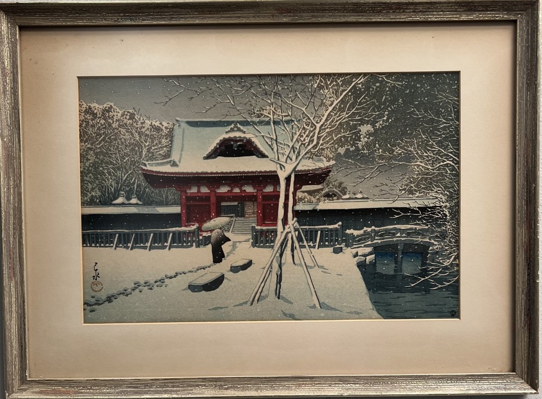 JAPAN , "A WOMEN TRAVELS THROUGH THE SNOW TO HER HOUSE" HAND SIGNED BY THE ARTIST: This beautiful print captures the essence of Japan through its stunning portrayal of a woman traveling through the snow to her home. The piece is hand-signed by the artist and is an original lithograp