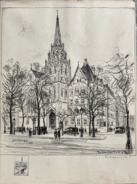 FRANK M ARMSTRONG "THE AMERICAN CHURCH OF PARIS"HAND DRAWN PENCIL MIXED MEDIA 1931