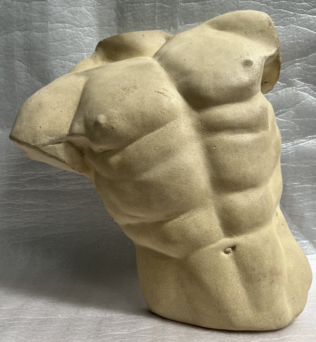 RARE VINTAGE CEMENT MALE TORSO: This vintage cement male torso is a rare find for collectors and art enthusiasts. The beautiful beige color and medium size make it a great addition to any decor. Crafted in the late 20th century, thi