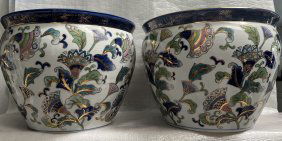 PAIR OF LARGE CHINESE JARDINIÈRE PORCELAIN FISH BOWLS/ PLANTER FLORAL DISIGN 11"