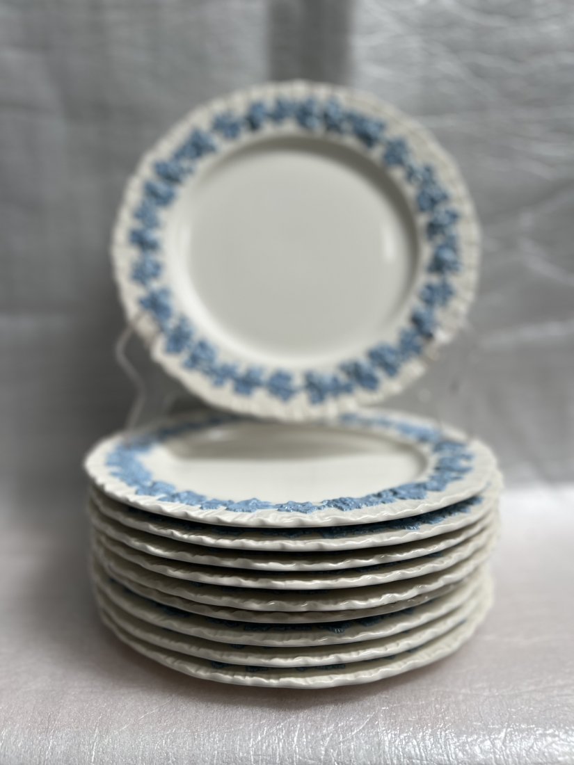 WEDGEWOOD EMBOSSED QUEENS WARE SET OF TEN (10) 6" PLATES: This beautiful set of Wedgewood Embossed Queens Ware Plates will add a touch of elegance to any dining experience. The floral pattern on the white bone china plates is perfect for all occasions, wheth