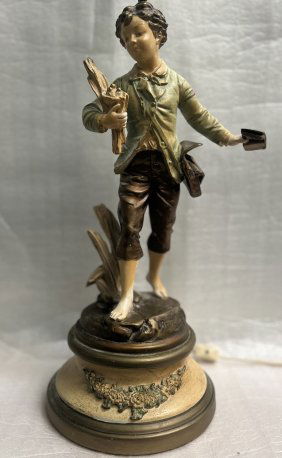 FRENCH EMILE BRUCHON STATUE LAMP  "A BOY HOLDING A NEST" SIGNED AND  WITH EMBLEM