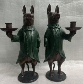 PAIR OF BRONZE PIG BULTER STATUES CANDAL HOLDERS