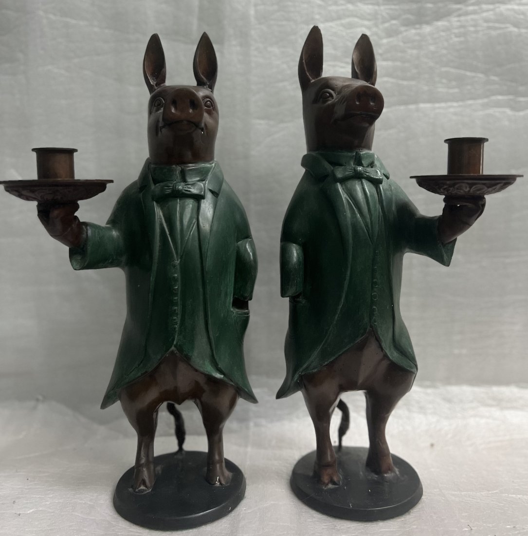 PAIR OF BRONZE PIG BULTER STATUES CANDAL HOLDERS (1 of 4)