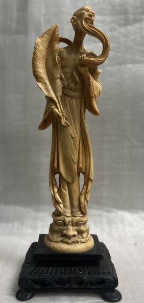 JAPANESE ALABASTER / RESIN STATUE OF AN ASIAN MAN WITH A LONG BEARD, SIGNED "A.S."