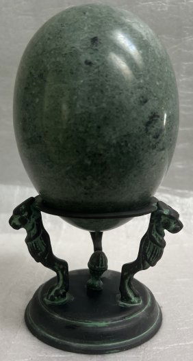 Large Stone Green Marble/Granite Stone Egg on Brass Stand