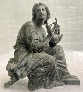 ANTIQUE SPELTER CAST METAL GREEK GODDEST LADY HARP PLAYER STATUE 7" T