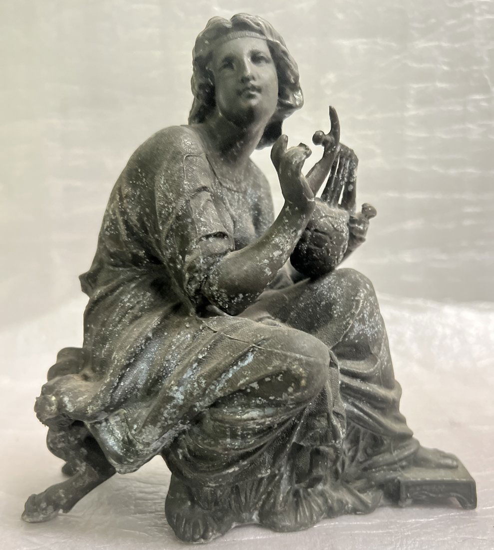 ANTIQUE SPELTER CAST METAL GREEK GODDEST LADY HARP PLAYER STATUE 7" T (1 of 3)
