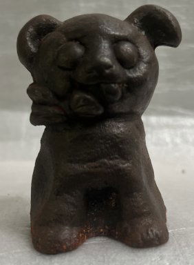 CAST IRON BROWN PUPPY DOG COIN BANK BOW TIE ANTIQUE CIRCA EARLY 20TH C  4" TALL