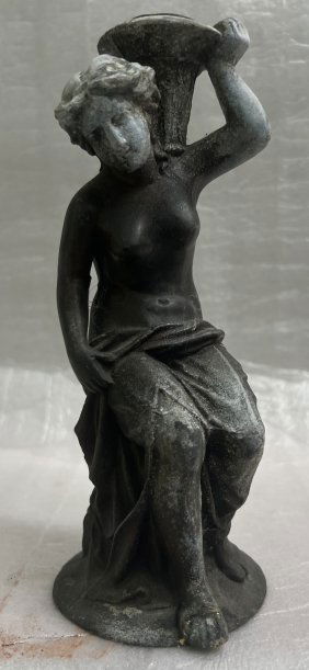 ANTIQUE SPELTER CAST METAL GREEK GODDEST LADY HARP PLAYER STATUE 8" T