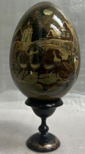 RUSSIAN HAND PAINTED LAQUERED WOODEN EGG ON WOOD PEDESTAL  9" T