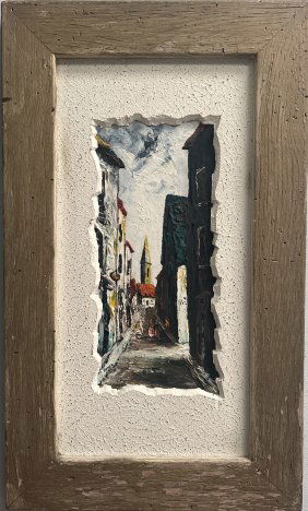 HOMER COSTELLO (1899-1977) PALLET KNIIFE OIL ON BOARD MID CENTURY CITY SCENE