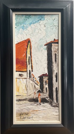 HOMER COSTELLO (1899-1977) PALLET KNIIFE OIL ON BOARD MID CENTURY CITY SCENE