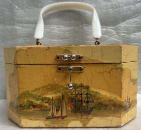 Vintage Annie Laurie PALM BEACH Handmade Wood  Handbag YELLOW SAILBOATS  Purse