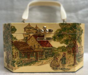 Vintage Annie Laurie PALM BEACH Handmade Wood  Handbag YELLOW W A CABIN  Purse