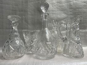 5 PIECE SET OF CUT  CRYSTAL  DECANTER AND WATER PITCHERS