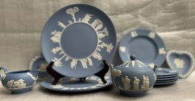 FINE VINTAGE COLLECTION OF BLUE WITH WHITE TRIM WEDGEWOOD JASPERWARE  CIRCA 1956