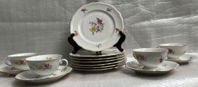 VINTAGE GERMAN FURSTENBERG PORCELAIN FORAL SET OF 4 CUP, SAUCER AND 6  7" PLATES