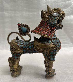VINTAGE TIBETAN FOO DOG WITH TURQUISE & CORAL STONES