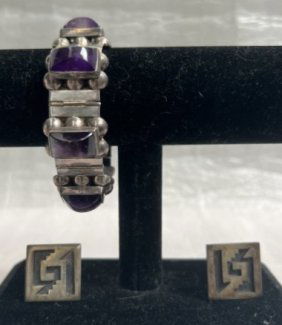 1960s STERLING SILVER "TAXCO" AMETHYST BRACELET WITH 2 STERLING SILVER CUFFLINKS