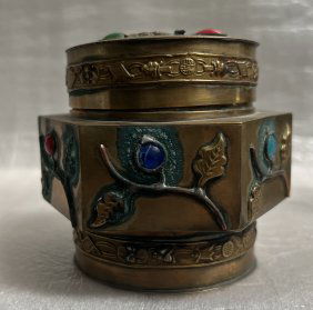 Antique Chinese Brass Jar With Peking Glass Stones Circa 1900