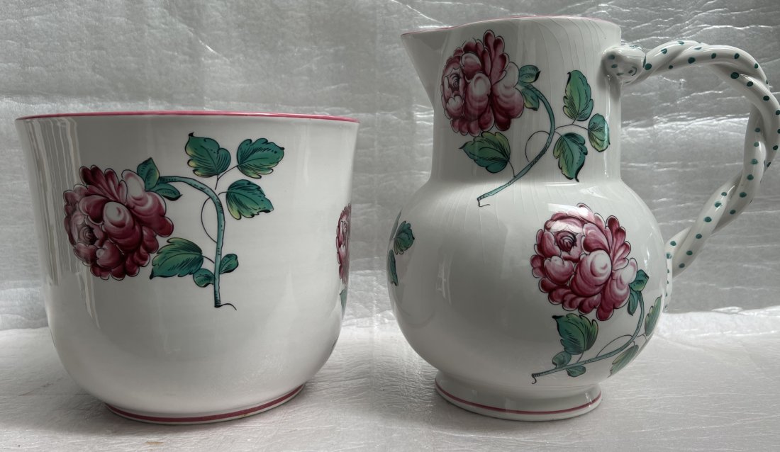 TIFFANY & CO STRASBOURG FLOWERS PLANTER & PITCHER, PORTUGAL: This exquisite set of Tiffany & Co. Strasbourg Flowers Planter and Pitcher, made in Portugal, is a rare antique find. The beautifully glazed medium-sized pieces feature a colorful flower pattern that 