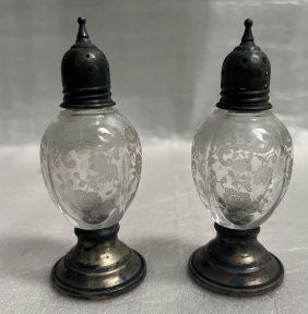 antique sterling silver salt and pepper shakers etched glass