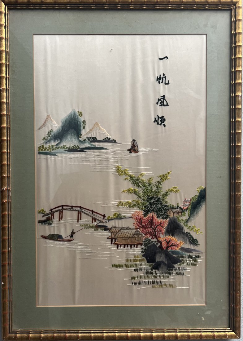 VINTAGE LARGE CHINESE SILK WALL ART HAND MADE EMBROIDERED FRAMED AND MATTED (1 of 5)