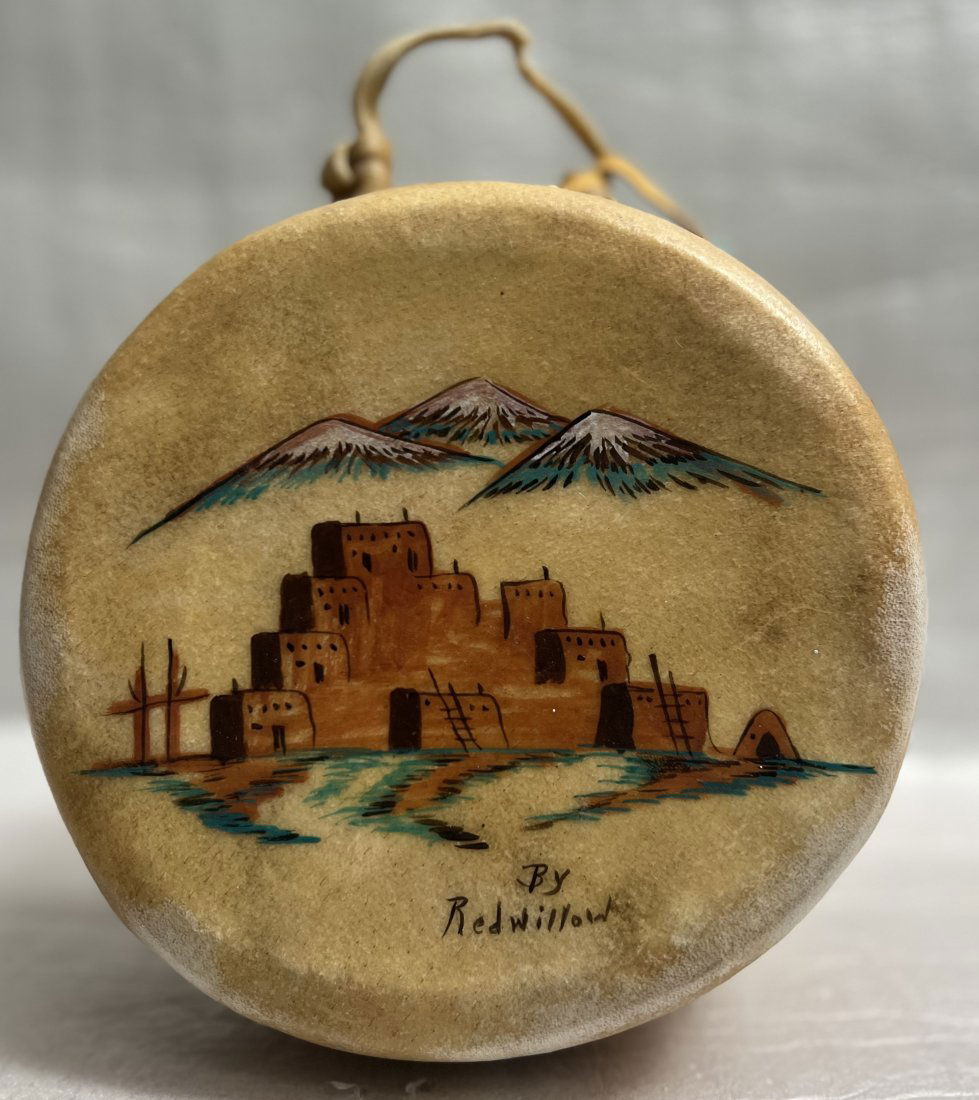 RedWillow Taos Pueblo Member Rawhide& Log 9”Native American Tribal Drum Painted (1 of 4)