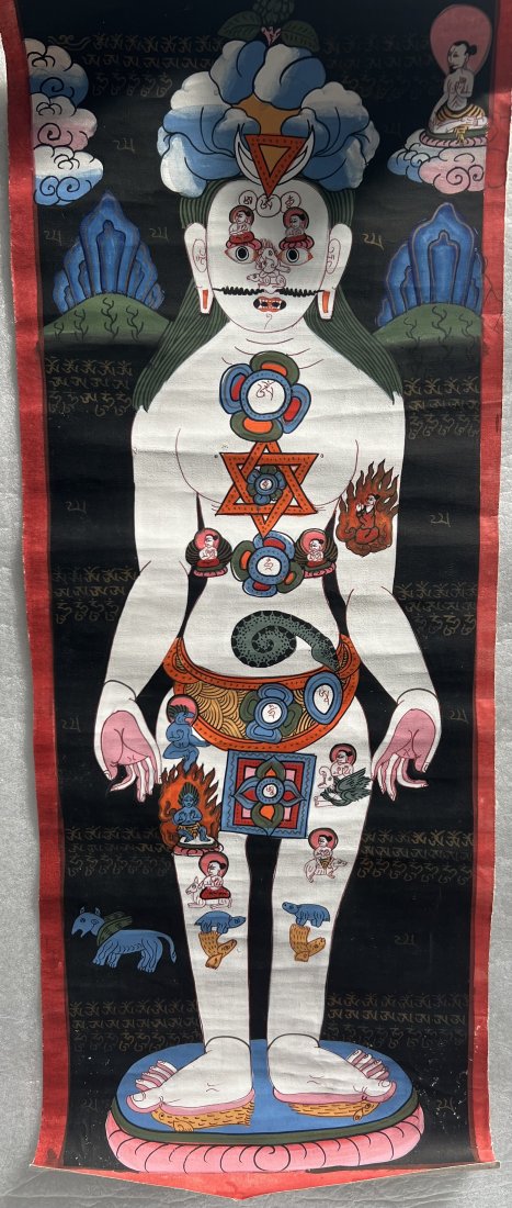 THANGKA- TIBETAN MEDICINE YOGA-HAND PAINTED 22.5" X 8.5": This exquisite hand-painted Thangka is a beautiful representation of Tibetan Medicine Yoga. Measuring at 22.5 inches by 8.5 inches, this medium-sized canvas painting is an original piece of art, exudi