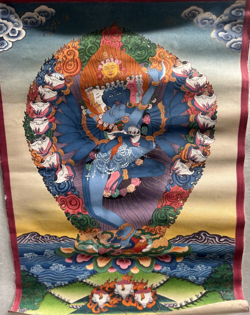HEVAJRA AND THE EIGHT DAKINI THANGKA TIBETAN VAJRAYANA OIL ON CANVAS 19" X 14": This beautiful thangka painting depicts Hevajra and the Eight Dakini, emanations of the divine in Vajrayana Buddhism. The painting, measuring 19" x 14", was expertly handcrafted in Nepal using traditi