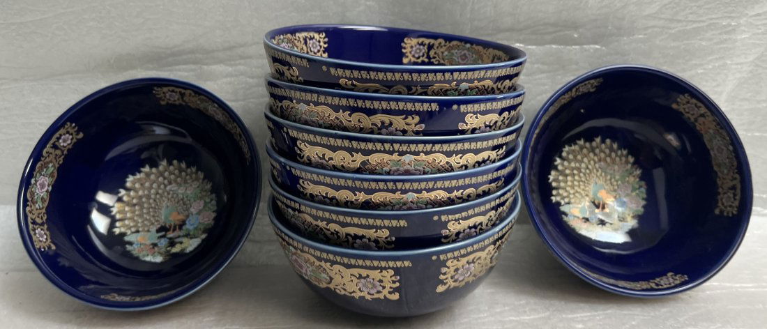 MOROCCAN TAOUS COBALT BLUE GOLD PEACOCK SET OF 8 BOWLS 5.25 W (1 of 6)
