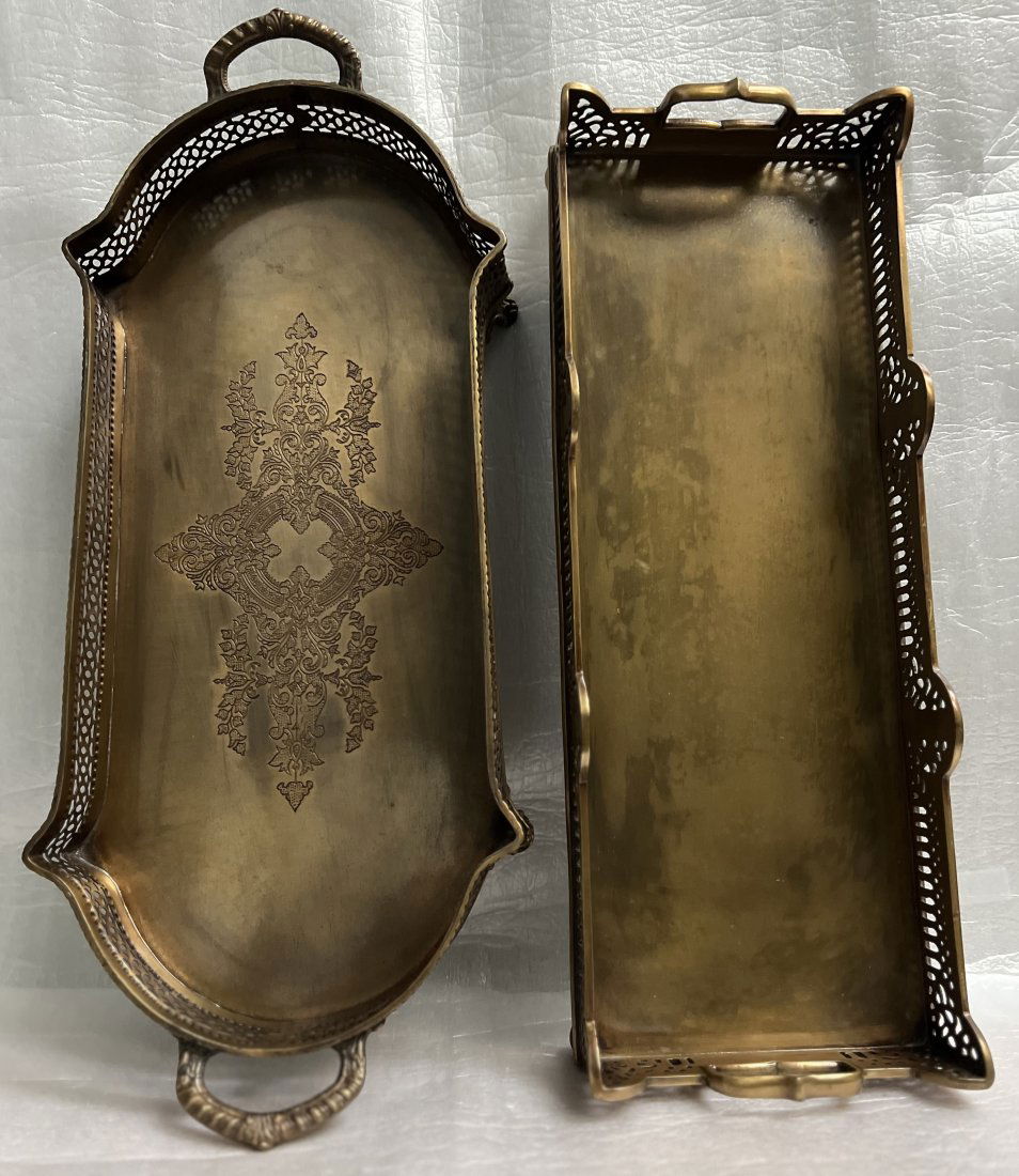 PAIR OF RECTANGULAR BRASS DECORATIVE TRAYS FROM INDIA  20" L 9" W 3" T (1 of 5)