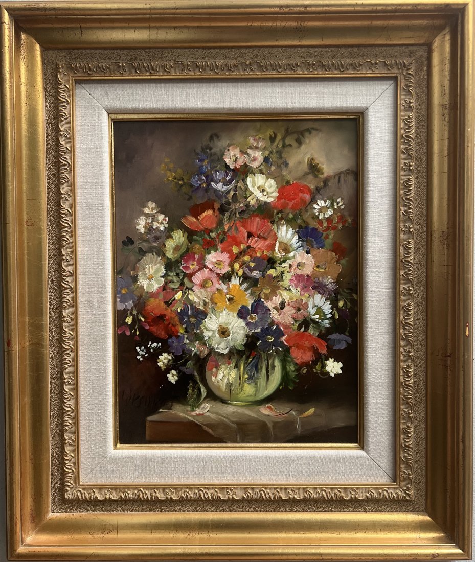 VALERIA ORSOVAI ( Hungarian B 1943) Oil on Board Heavy wood frame: This beautiful painting by Hungarian artist Valeria Orsovai features a stunning bouquet of flowers in a vase. The colors are vibrant and the brushstrokes convey movement and life. The piece is signed 